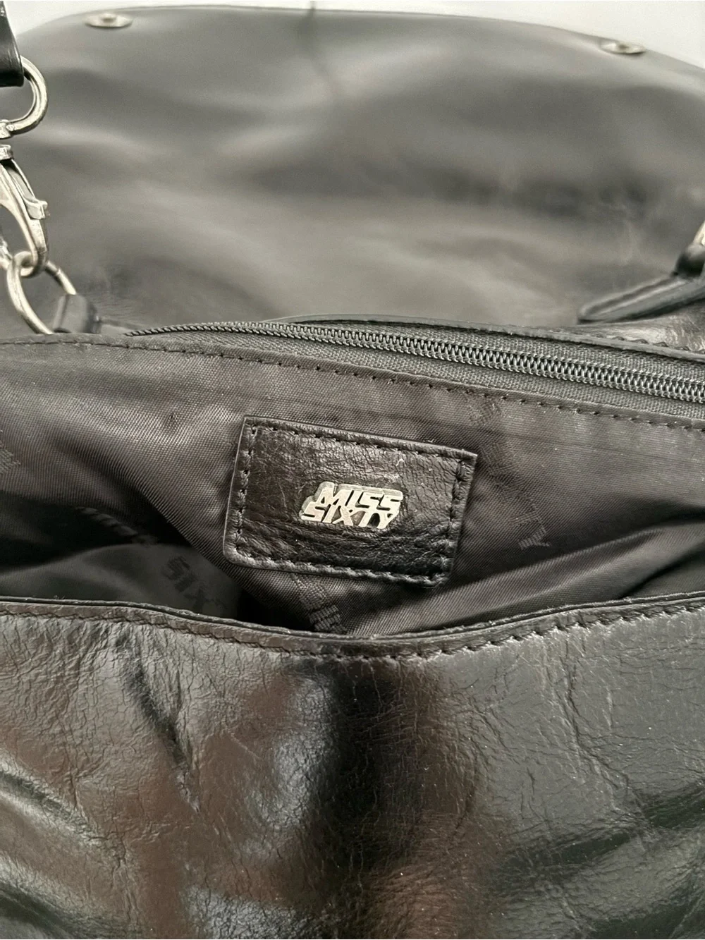 Miss Sixty Black Leather Messenger Bag with Metal Button Accents